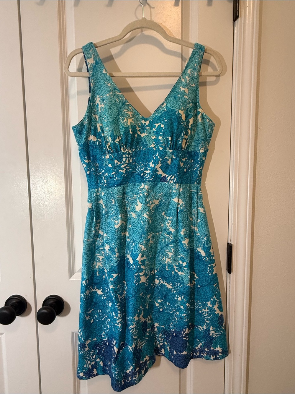Lauhala Vintage Hawaiian Dress | Blue Tropical Turquoise V-Neck | Size 12